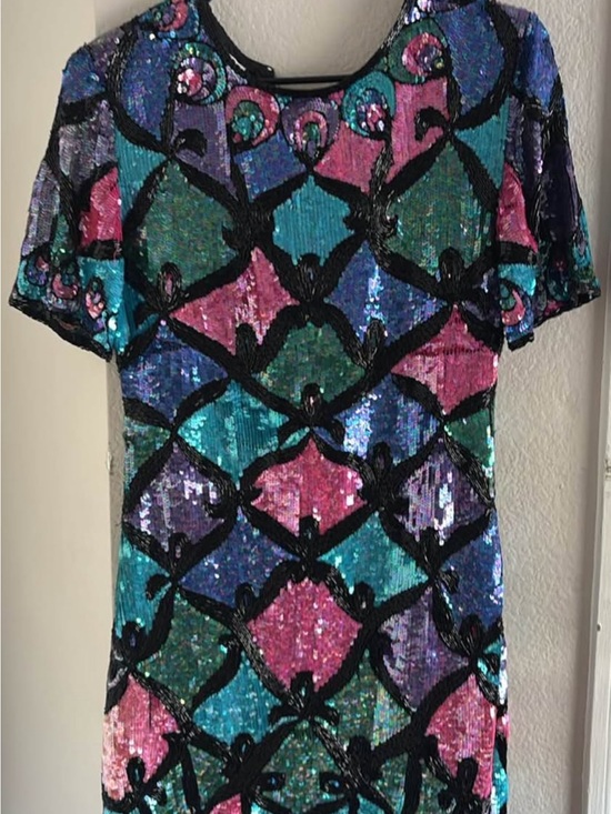 Vintage Dresses & Skirts - Vintage Multicolor Sequin Midi Dress - Teal, Pink, Purple, Blue, Black